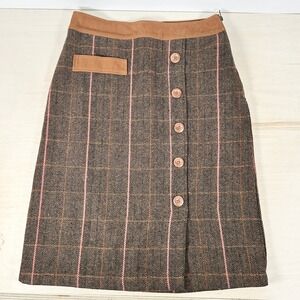 Mystree‎ Wool Blend Plaid Herringbone Skirt M Brown Lined Fall Winter Pencil